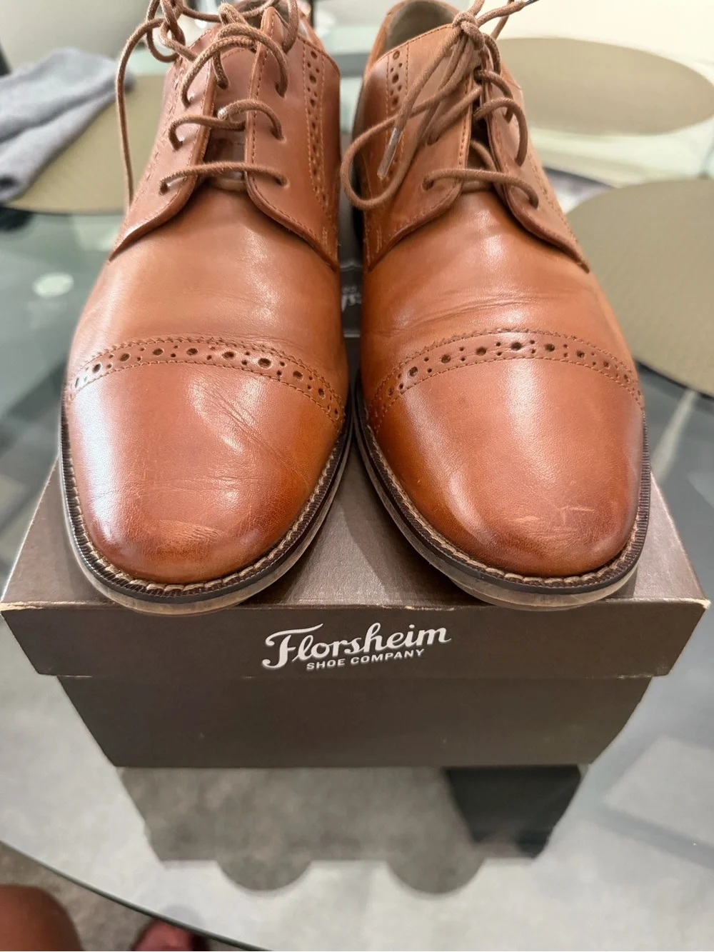 Florsheim Tan Leather Cap-Toe Derby with Brogue Detailing